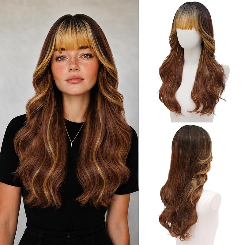 Brown Highlight Wig with Bangs for Women 24 Inch Long Wavy Synthetic Hair