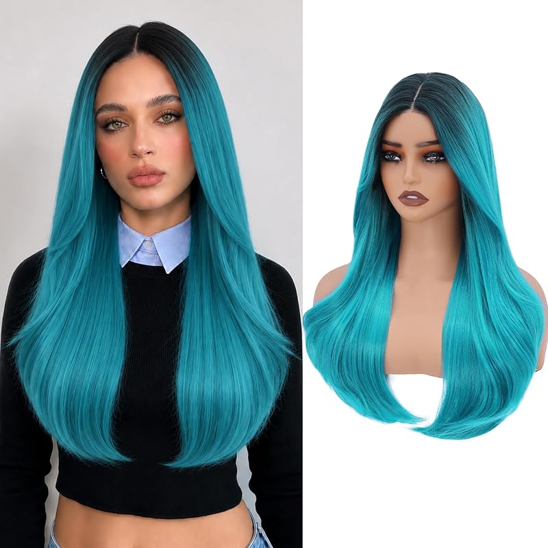 WECAN 24 Inch Green Layered Wig for Women 4x4 Realistic Scalp Free Parting