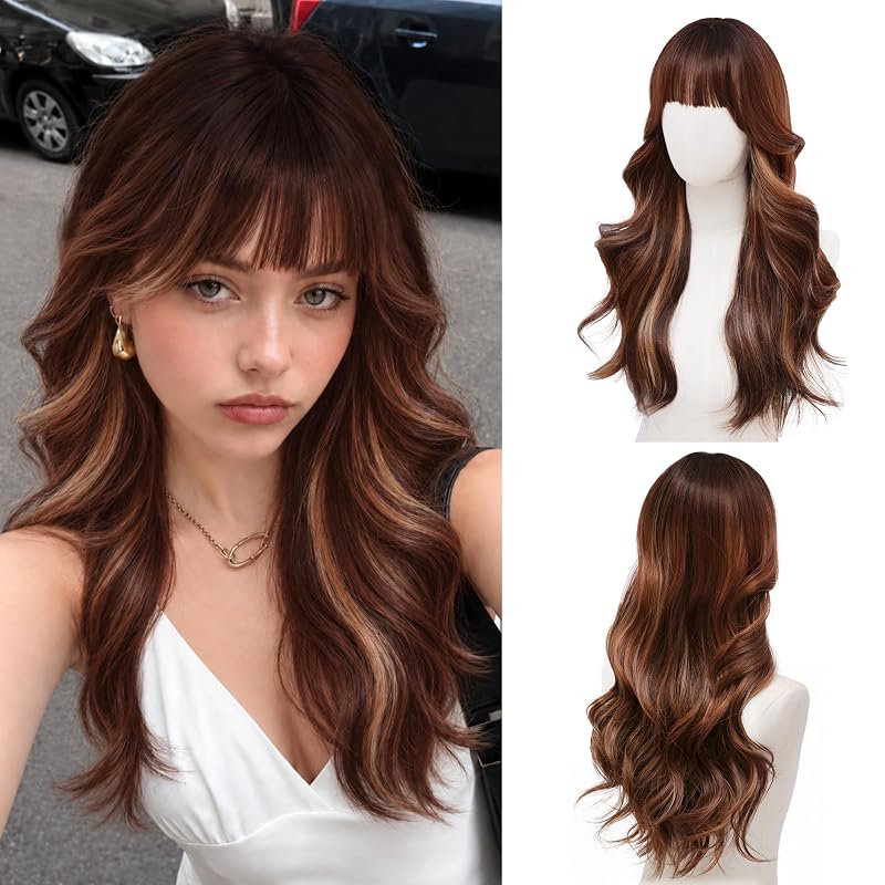 Dark Chestnut Wig with Bangs for Women 24 Inch Long Wavy Synthetic Hair