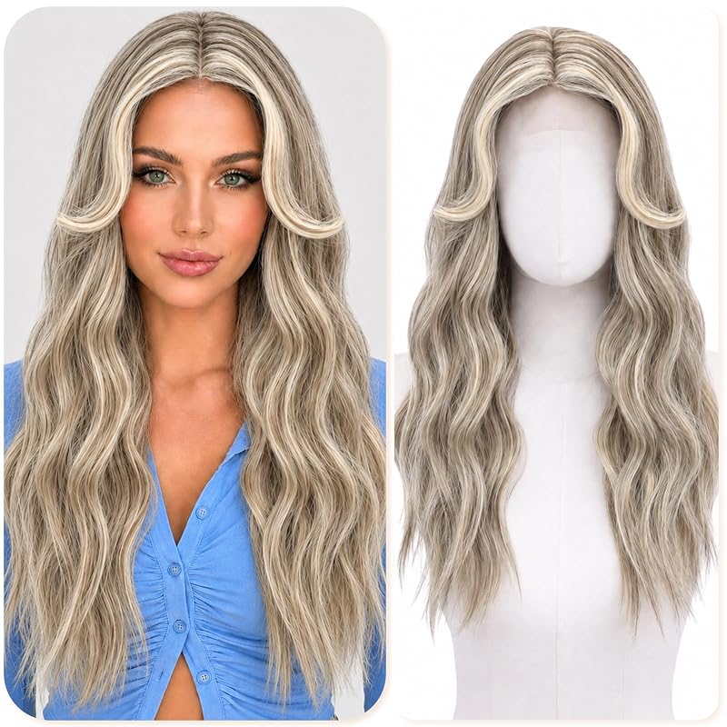 Ash Beige Blonde Wigs for Women 22 Inch Middle Part Wavy Synthetic Wig