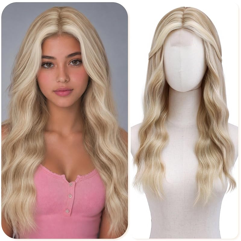 Beige Blonde Wigs for Women 22 Inch Middle Part Wavy Synthetic Wig