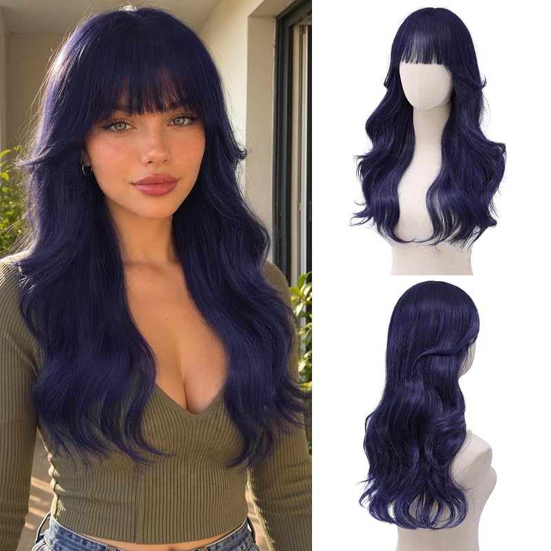 Dark Blue Wig with Bangs for Women 24 Inch Long Wavy Synthetic Hair