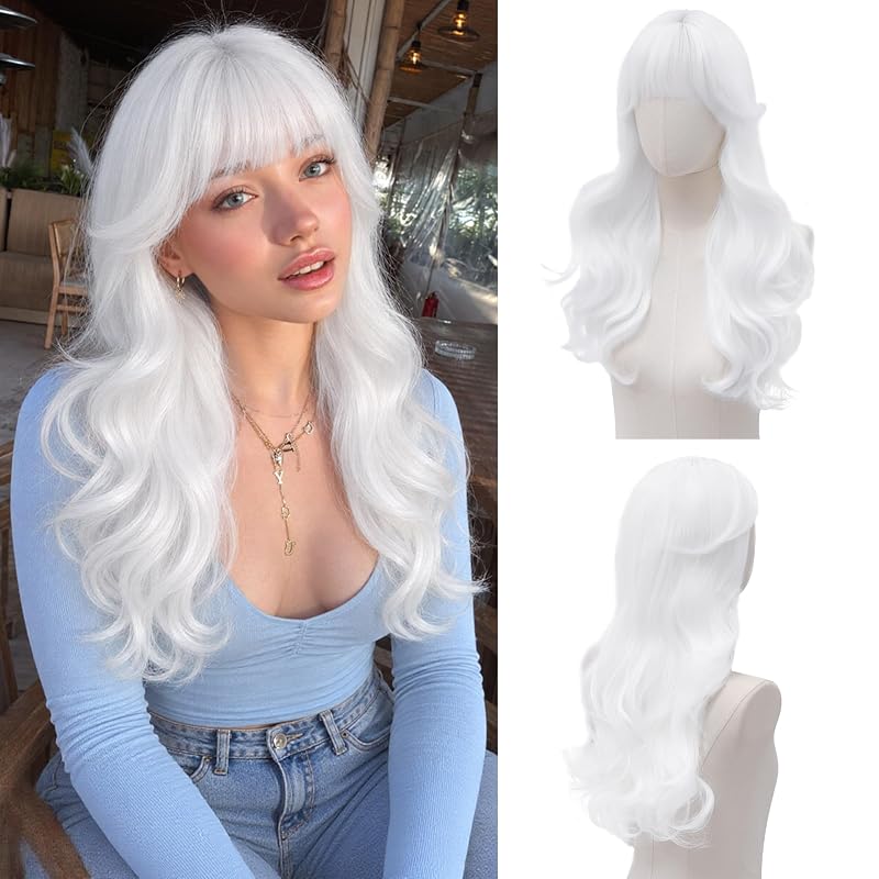 DZFAYESM White Wig with Bangs for Women 24 Inch Long Wavy Synthetic Hair