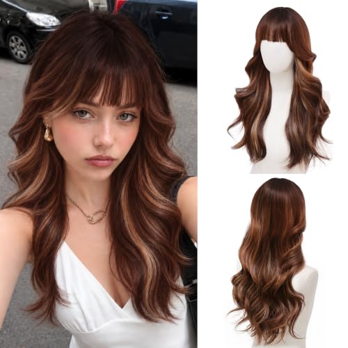 Amber Highlights Wig with Bangs for Women 24 Inch Long Wavy Synthetic Hair