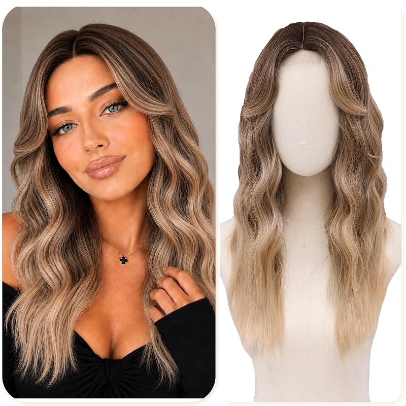 Cool Ash Beige Blonde Wigs for Women 22 Inch Middle Part Wavy Synthetic Wig