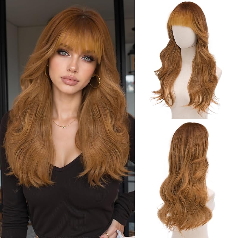 Rooted Honey Wig with Bangs for Women 24 Inch Long Wavy Synthetic Hair