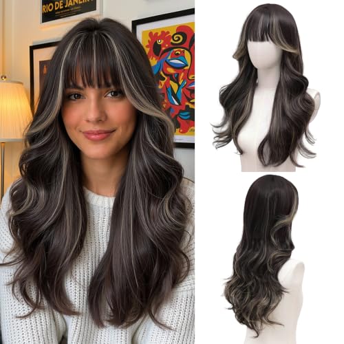 Balayage Melt Wig with Bangs for Women 24 Inch Long Wavy Synthetic Hair