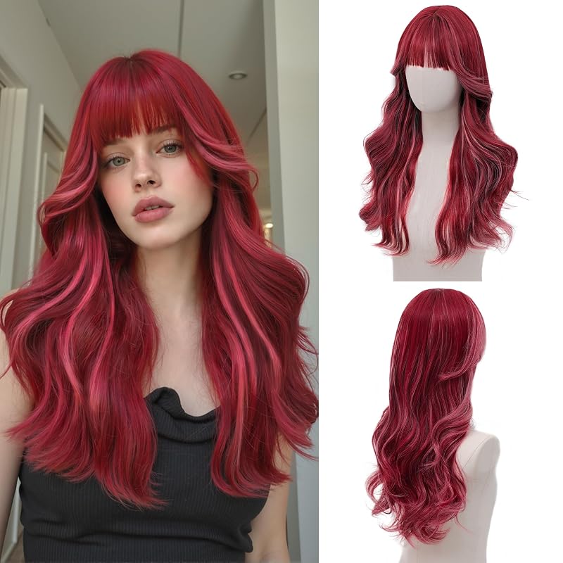 Rose Red Balayage Wig with Bangs for Women 24 Inch Long Wavy Synthetic Hair