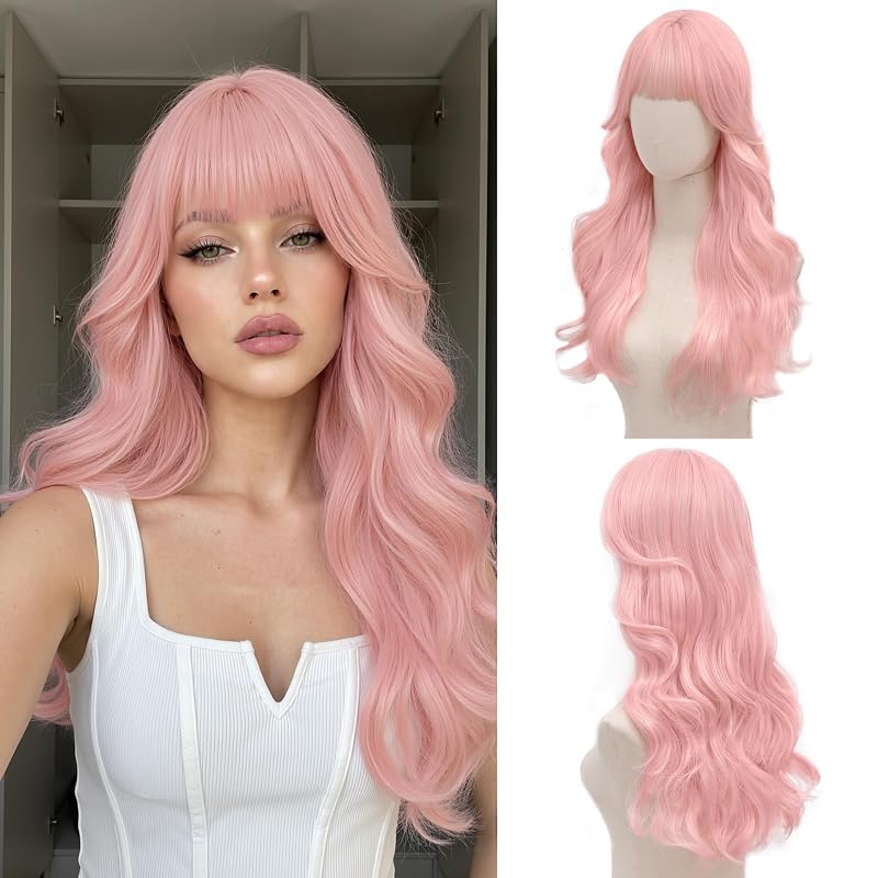 Sakura Pink Wig with Bangs for Women 24 Inch Long Wavy Synthetic Hair