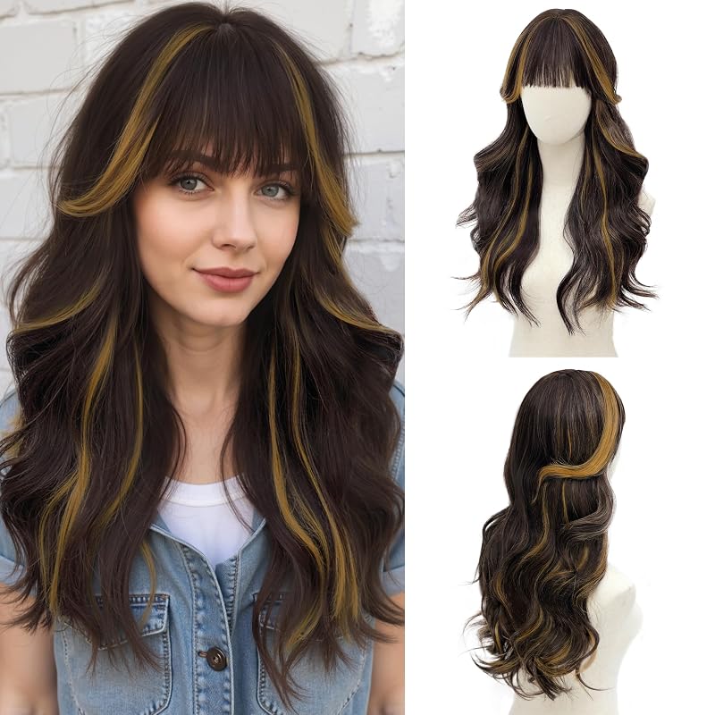 Rooted Caram Melt Wig with Bangs for Women 24 Inch Long Wavy Synthetic Hair