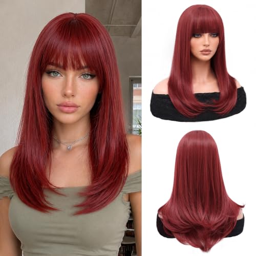 NAYOO Red Wig with Bangs for Women, 18 Inch Layered Wig