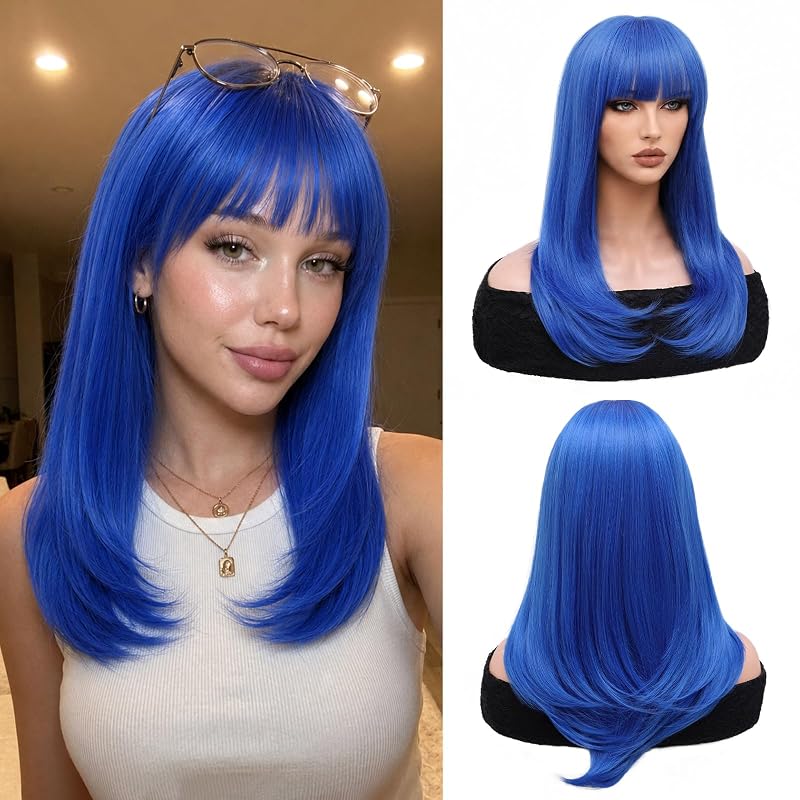 NAYOO Blue Wig with Bangs for Women, 18 Inch Layered Wig