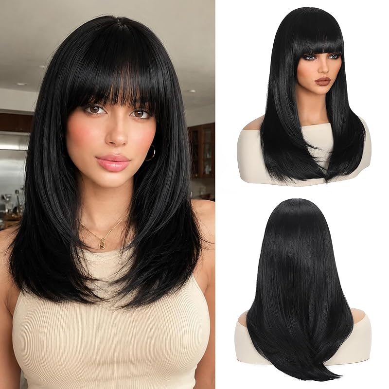 NAYOO Black Wig with Bangs for Women, 18 Inch Layered Wig