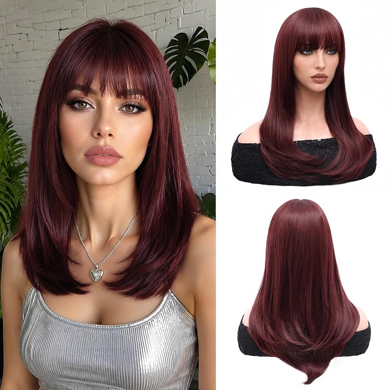 NAYOO Wine Red Wig with Bangs for Women, 18 Inch Layered Wig