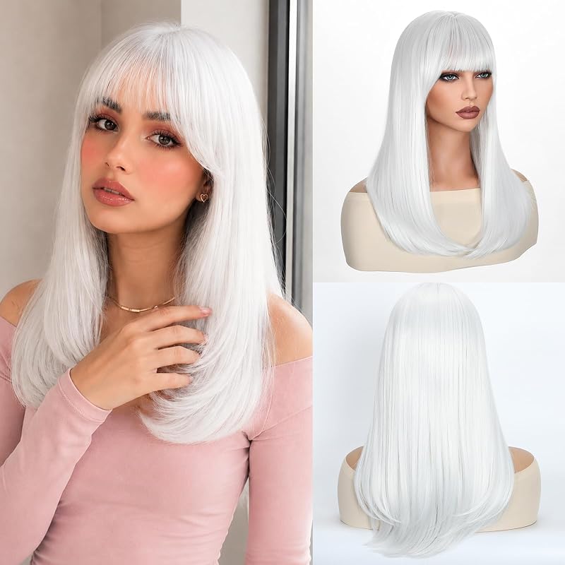 NAYOO White Wig with Bangs for Women, 18 Inch Layered Wig