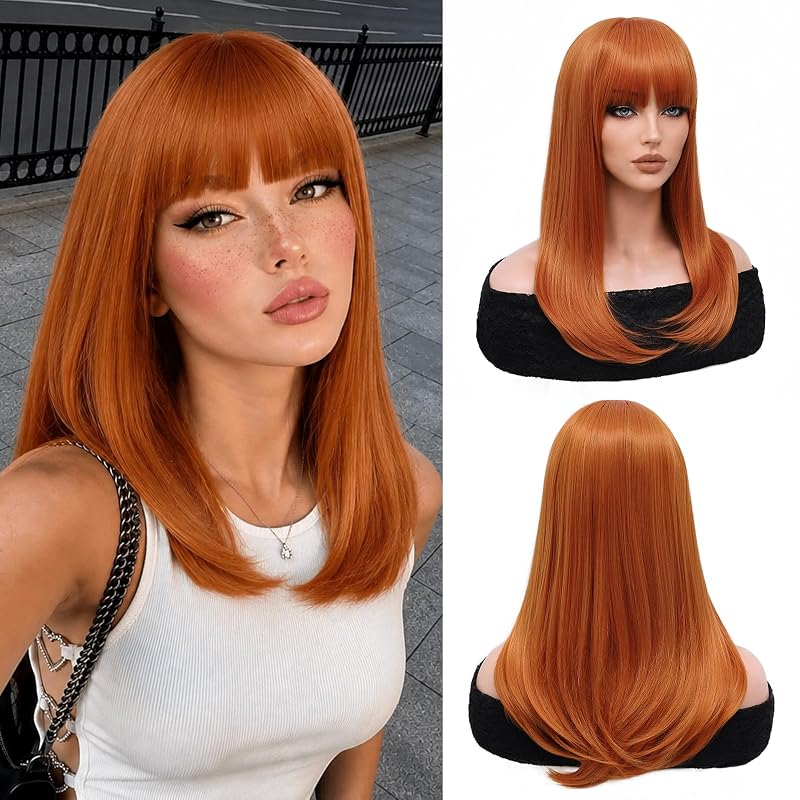 NAYOO Orange Wig with Bangs for Women, 18 Inch Layered Wig