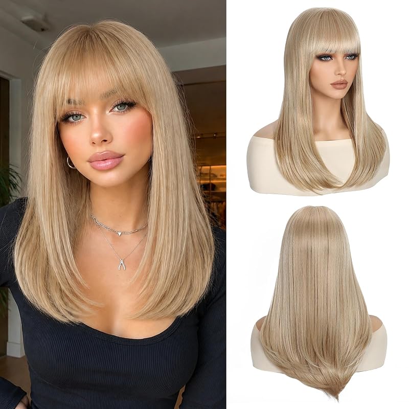 NAYOO Blonde Wig with Bangs for Women, 18 Inch Layered Shoulder Wig