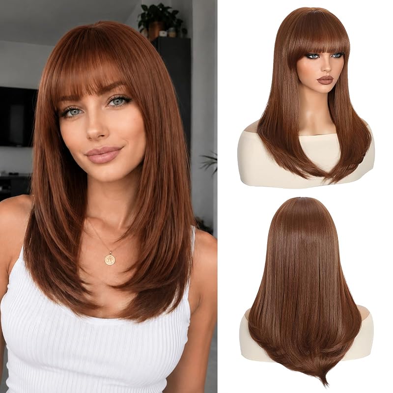 NAYOO Auburn Wig with Bangs for Women, 18 Inch Layered Wig