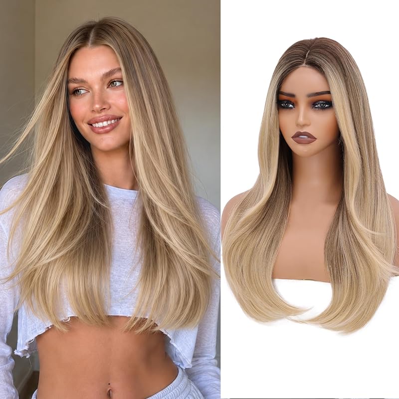 WECAN 24 Inch Blonde Layered Wig for Women 4x4 Realistic Scalp Free Parting