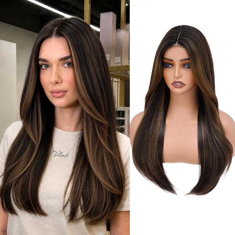 WECAN 24 Inch Brown Layered Wig for Women 4x4 Realistic Scalp Free Parting