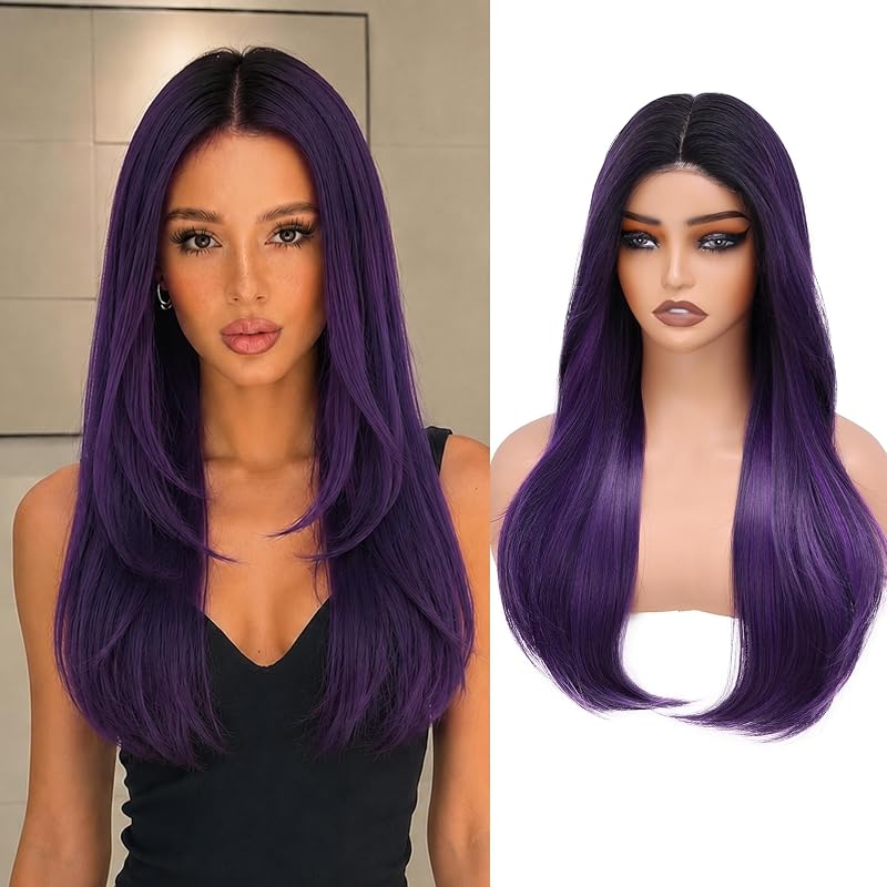 WECAN 24 Inch Purple Layered Wig for Women 4x4 Realistic Scalp Free Parting
