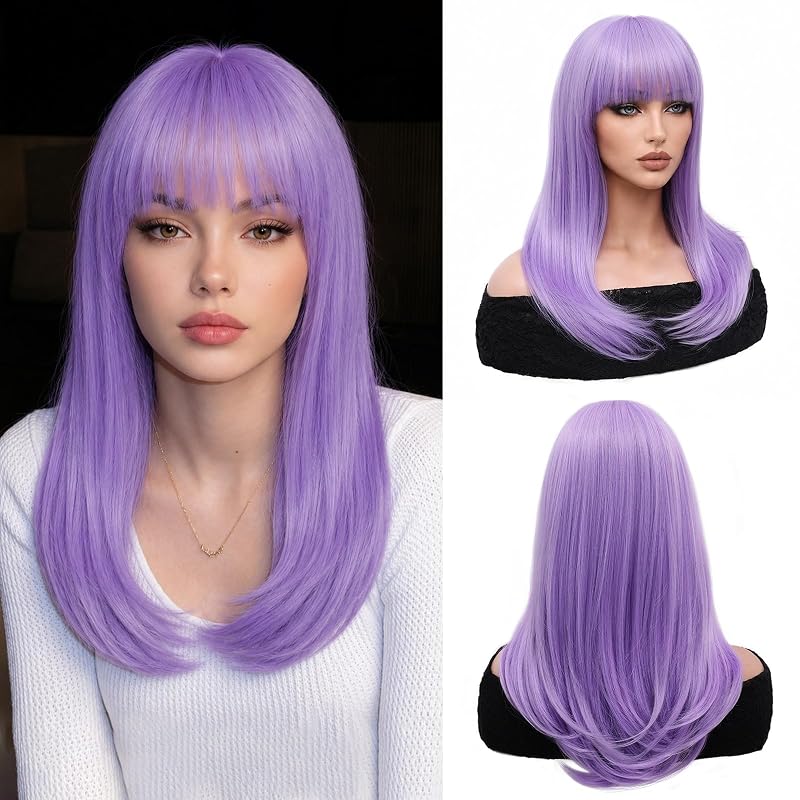 NAYOO Purple Wig with Bangs for Women, 18 Inch Layered Wig