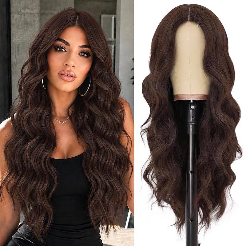 NAYOO Chocolate Brown Wig for Women, 26 Inch Middle Part Wavy Synthetic Wig