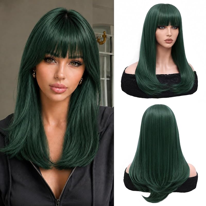 NAYOO Dark Green Wig with Bangs for Women, 18 Inch Layered Shoulder Wig