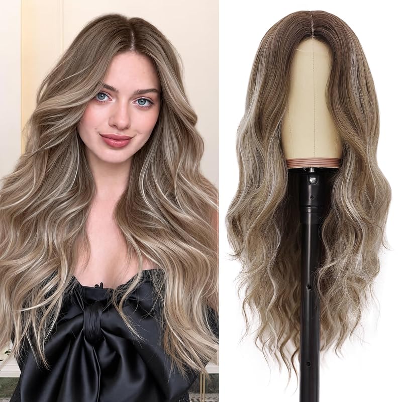 NAYOO Ash Brown Wig for Women, 26 Inch Middle Part Wavy Synthetic Wig
