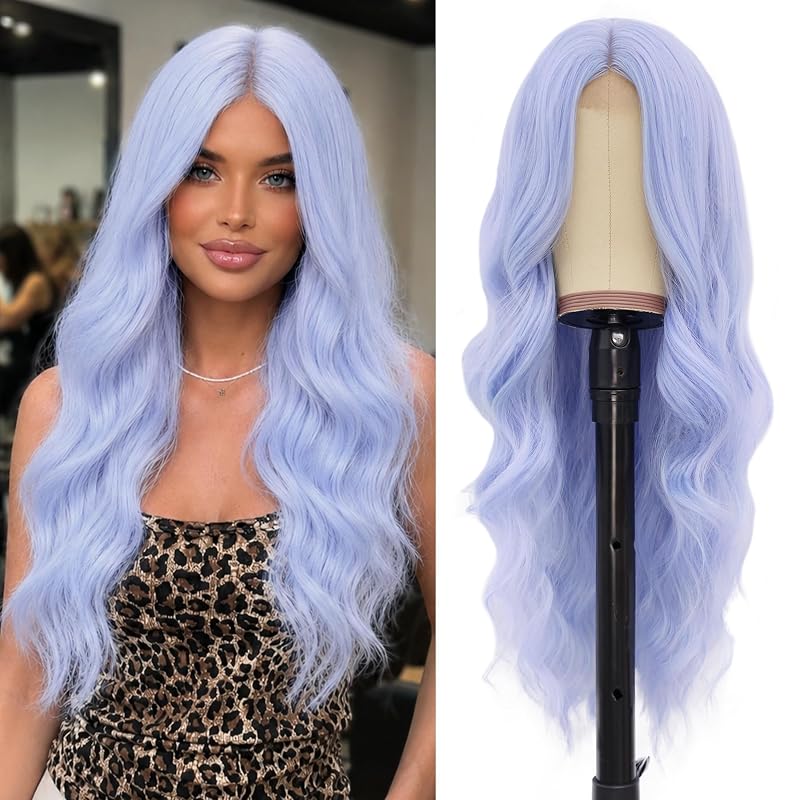 NAYOO Ice Blue Wig for Women, 26 Inch Middle Part Wavy Synthetic Wig