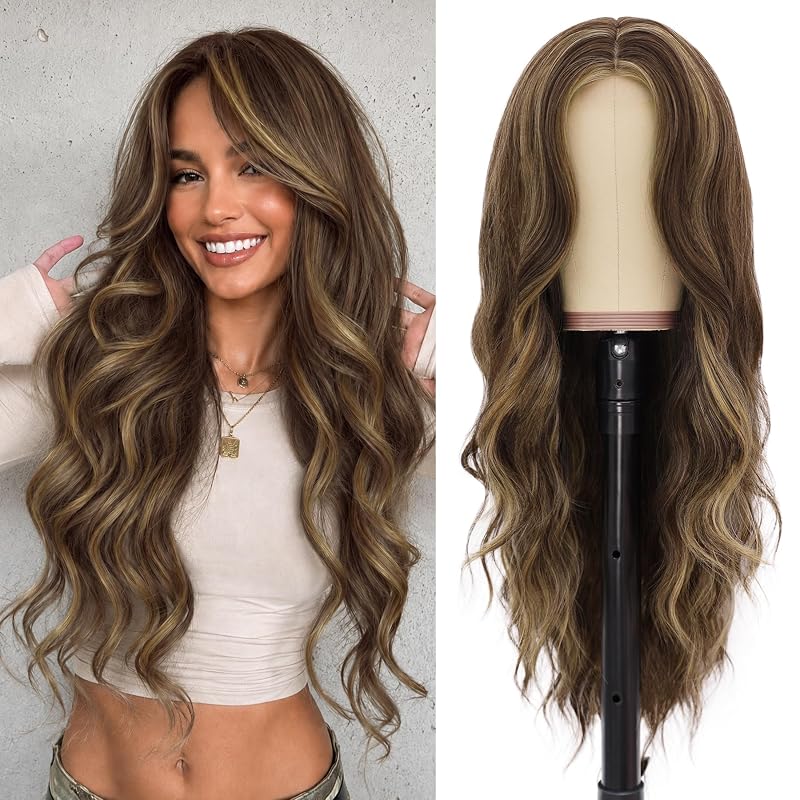 NAYOO Caramel Brown Wig for Women, 26 Inch Middle Part Wavy Synthetic Wig