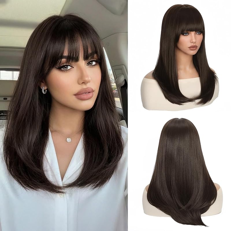 NAYOO Brown Wig with Bangs for Women, 18 Inch Layered Wig