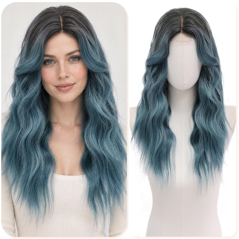 Rooted Smoky Blue Wigs for Women 22 Inch Middle Part Wavy Synthetic Wig