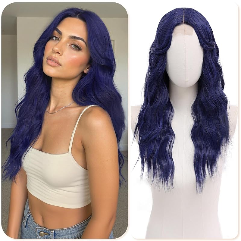 BUPPLER Dark Blue Wigs for Women 22 Inch Middle Part Wavy Synthetic Wig