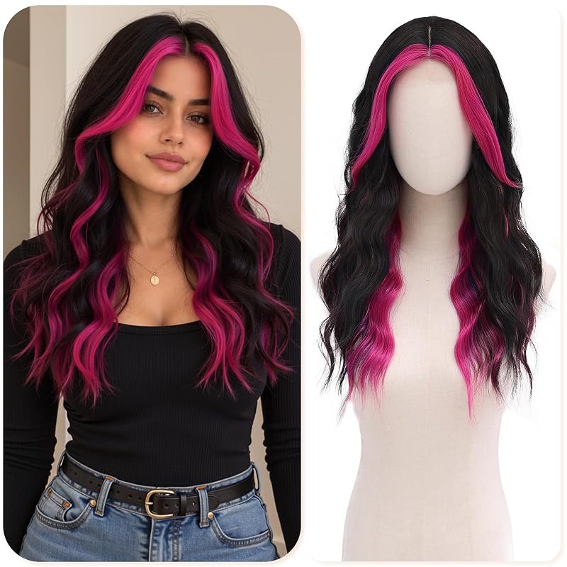 BUPPLER Black Rose Wigs for Women 22 Inch Middle Part Wavy Synthetic Wig