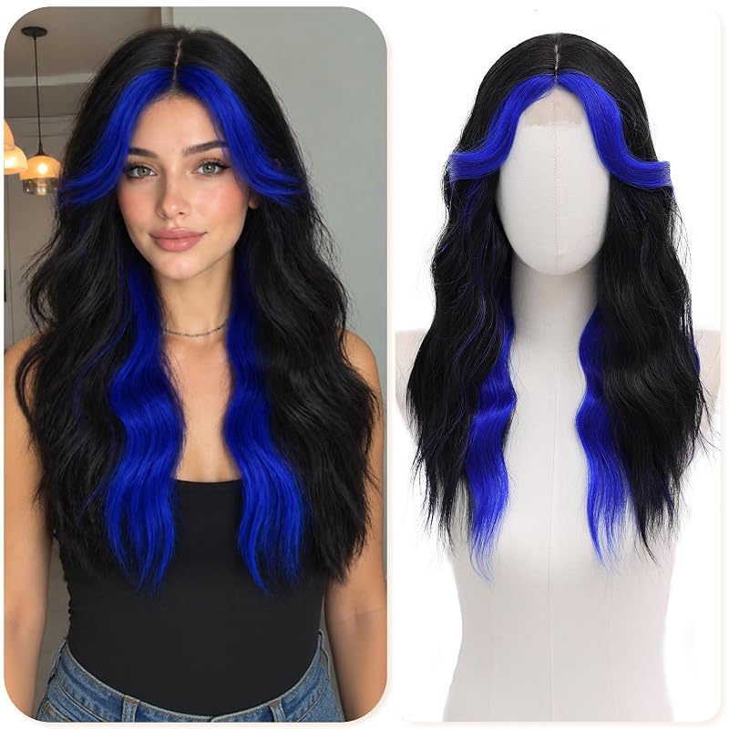 BUPPLER Black Blue Wigs for Women 22 Inch Middle Part Wavy Synthetic Wig