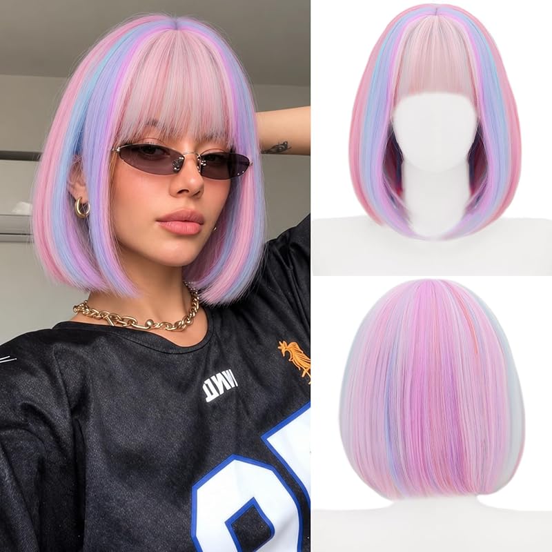 MOSINA Rainbow Bob Wig with Bangs, Short Straight Synthetic Wig for Women