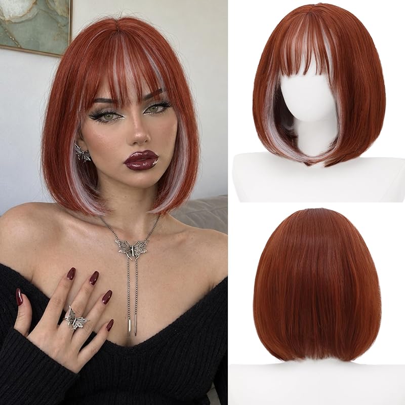 Copper White Bob Wig with Bangs, Short Straight Synthetic Wig for Women