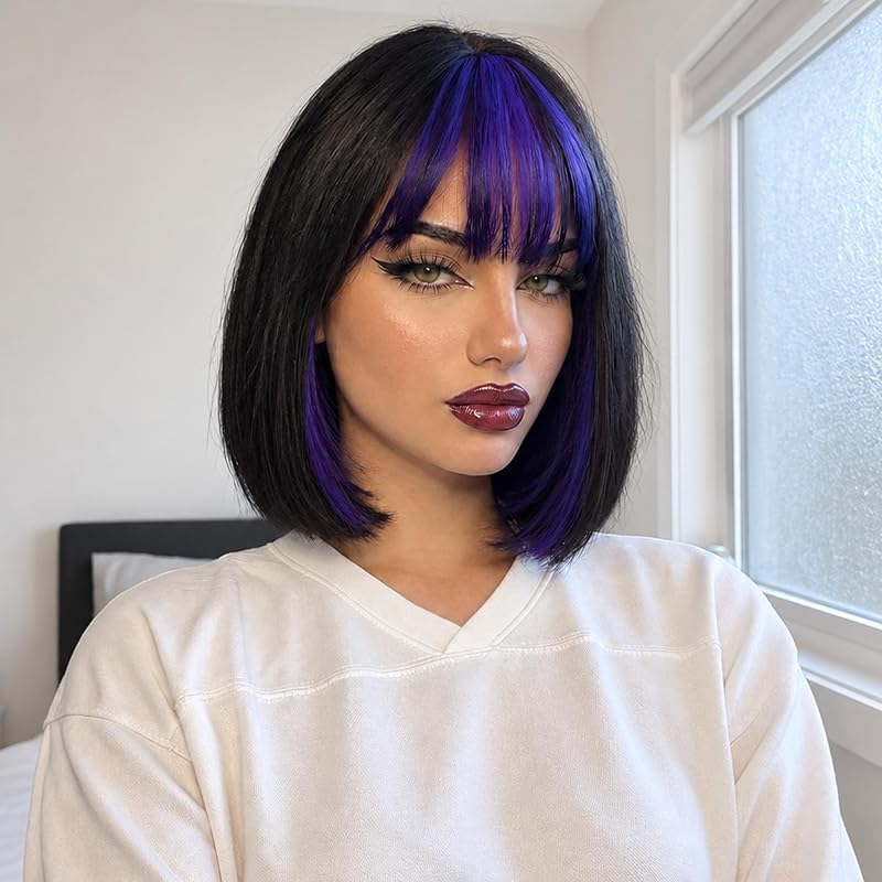 Black Blue Bob Wig with Bangs, Short Straight Synthetic Wig for Women