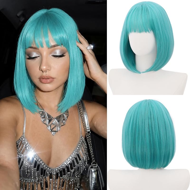 MOSINA Teal Bob Wig with Bangs, Short Straight Synthetic Wig for Women