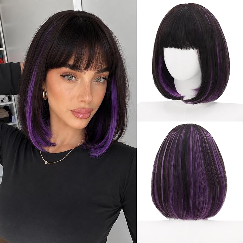 Black Purple Bob Wig with Bangs, Short Straight Synthetic Wig for Women