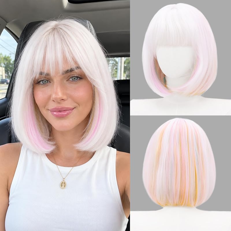 Pastel Rainbow Bob Wig with Bangs, Short Straight Synthetic Wig for Women