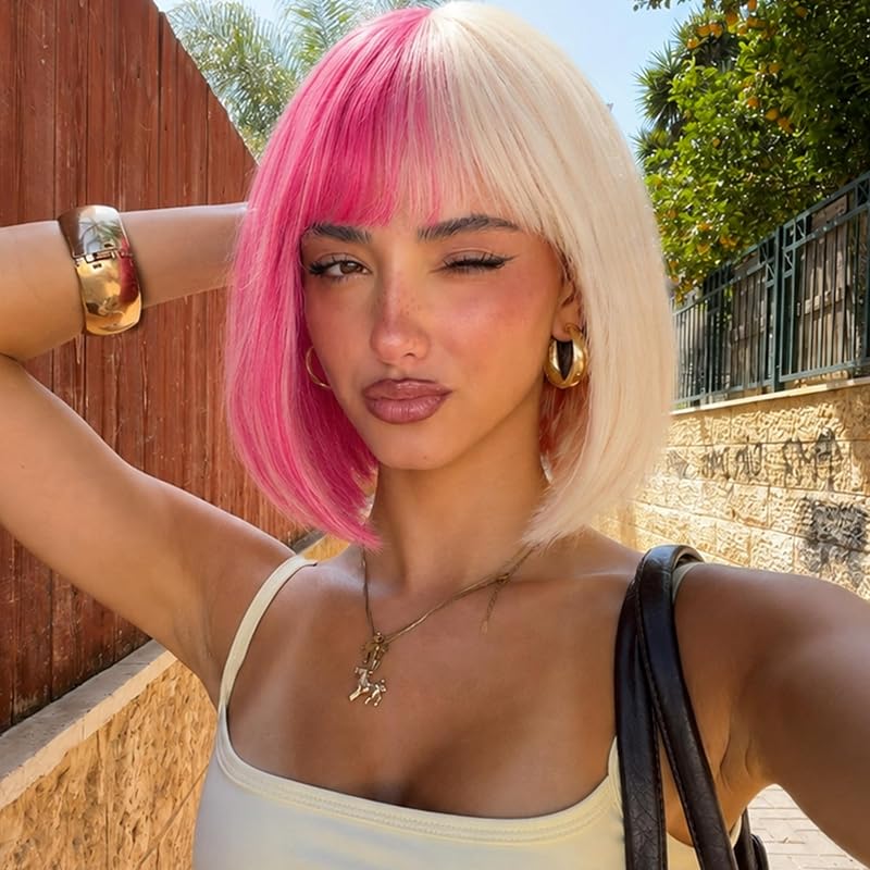 Pink White Bob Wig with Bangs, Short Straight Synthetic Wig for Women