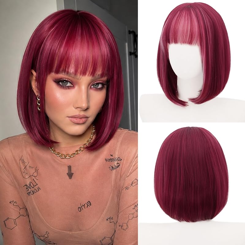 Burgundy Pink Bob Wig with Bangs, Short Straight Synthetic Wig for Women