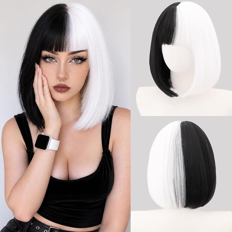 Black White Bob Wig with Bangs, Short Straight Synthetic Wig for Women
