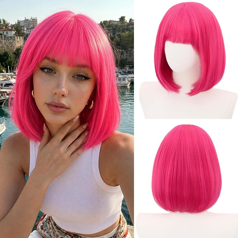 MOSINA Hot Pink Bob Wig with Bangs, Short Straight Synthetic Wig for Women