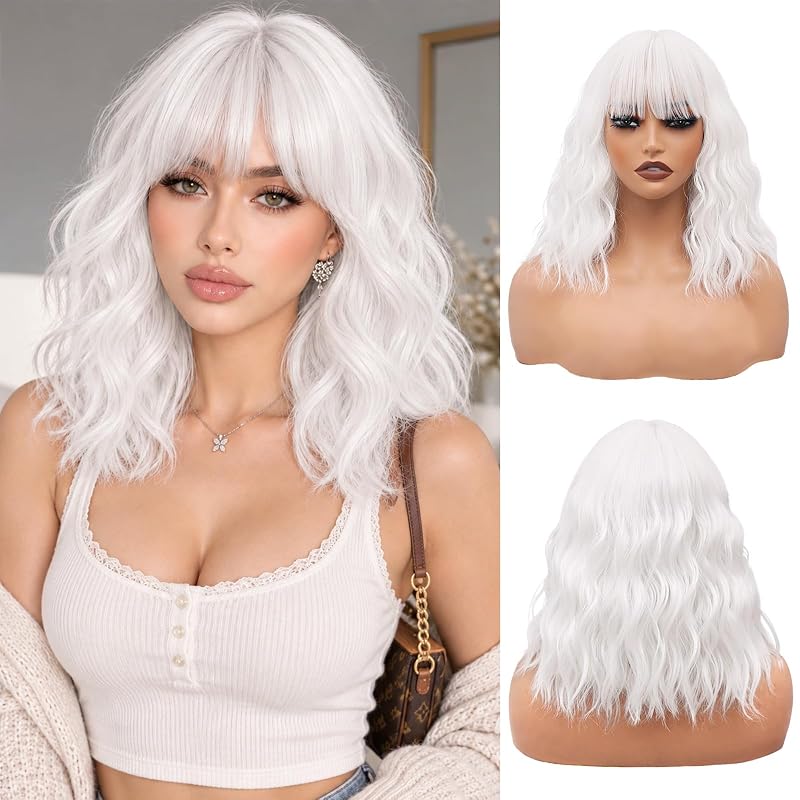 NAYOO White Wig with Bangs for Women, 14 Inch Short Wavy Synthetic Wig, Shoulder Length White Hair Wig for Costume, Cosplay, Parties and Everyday Wear