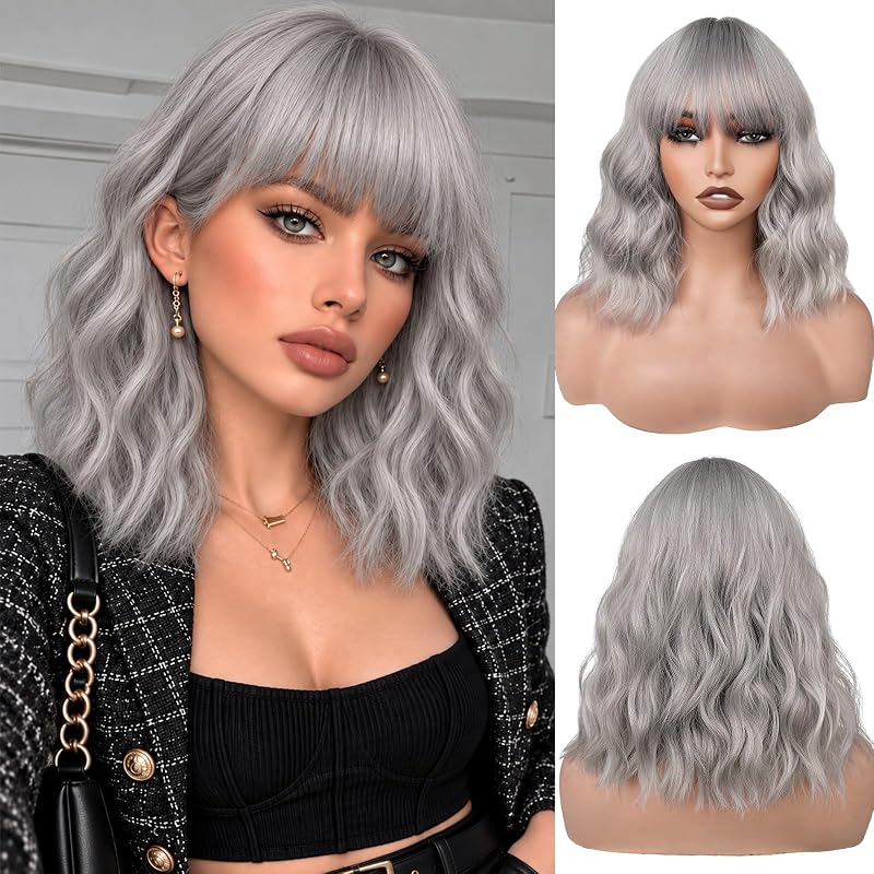 NAYOO Silver Gray Wig for Women, 14 Inch Short Wavy Synthetic Wig with Bangs, Gray Wig for Halloween, Cosplay, Costume Parties & Everyday Style