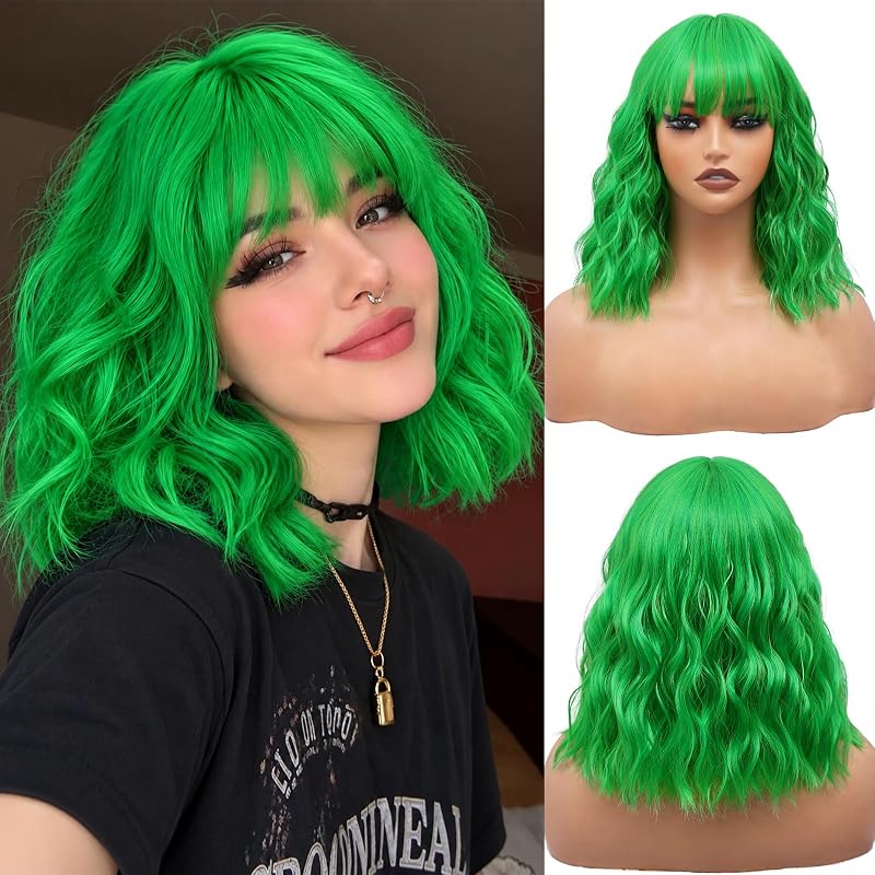 NAYOO Neon Green Wig for Women, 14 inch Short Wavy Synthetic Wig with Bangs, Bright Green Costume Wig for Halloween, Cosplay, Parties & Festivals
