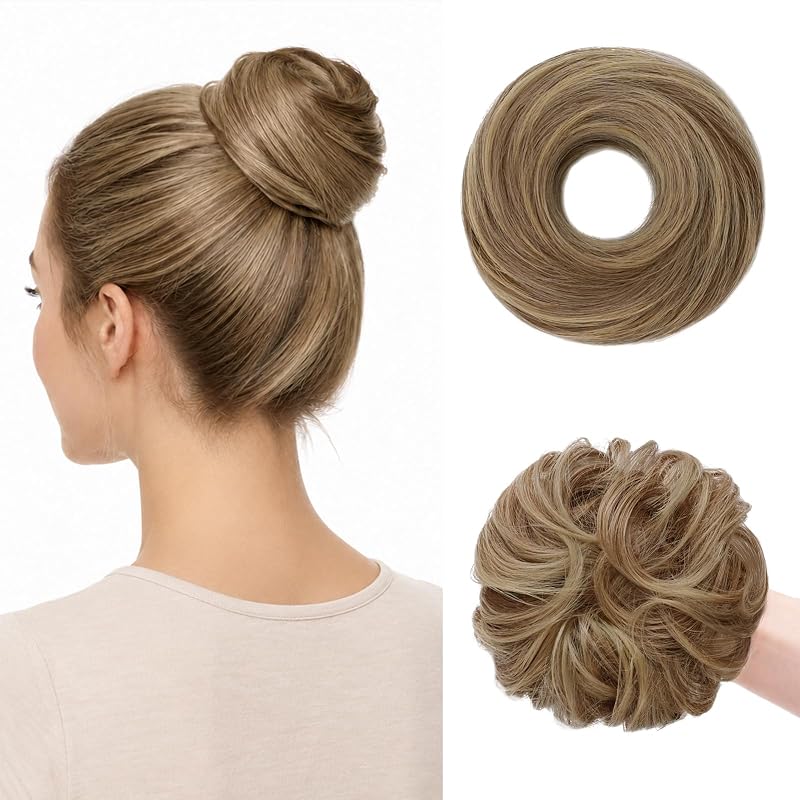 Wirctp 2PCS Messy Bun Hair Piece for Women, Donut Bun Hair Extension for Thin Hair, Synthetic Hair Scrunchie, Natural-Looking Updo(Caramel Brown to Blonde)